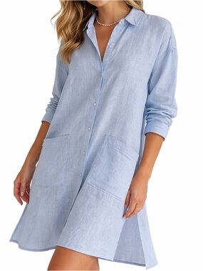 Jones New York 100% Linen Shirt Dress Full Button Pockets Coverup Light Blue  M